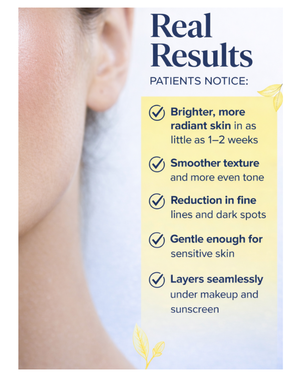 Advertisement for skin care product with text on real results and benefits.